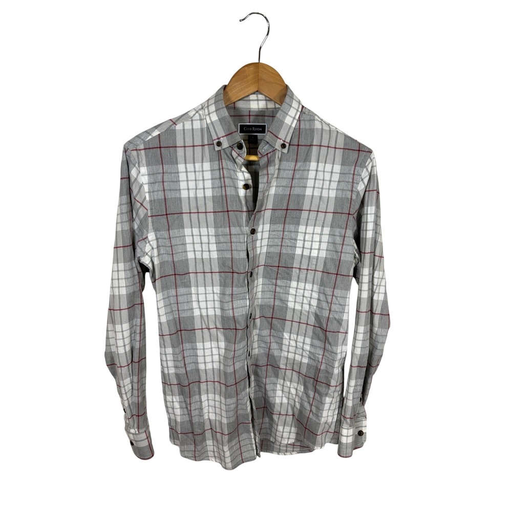 Club‎ Room Flannel Button Down Mens Small Gray Red Plaid Long Sleeve Shirt